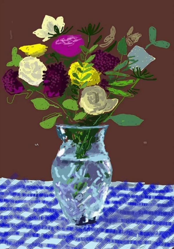 David Hockney, 20th March 2021, Flowers, Glass Vase on a Table, 2021