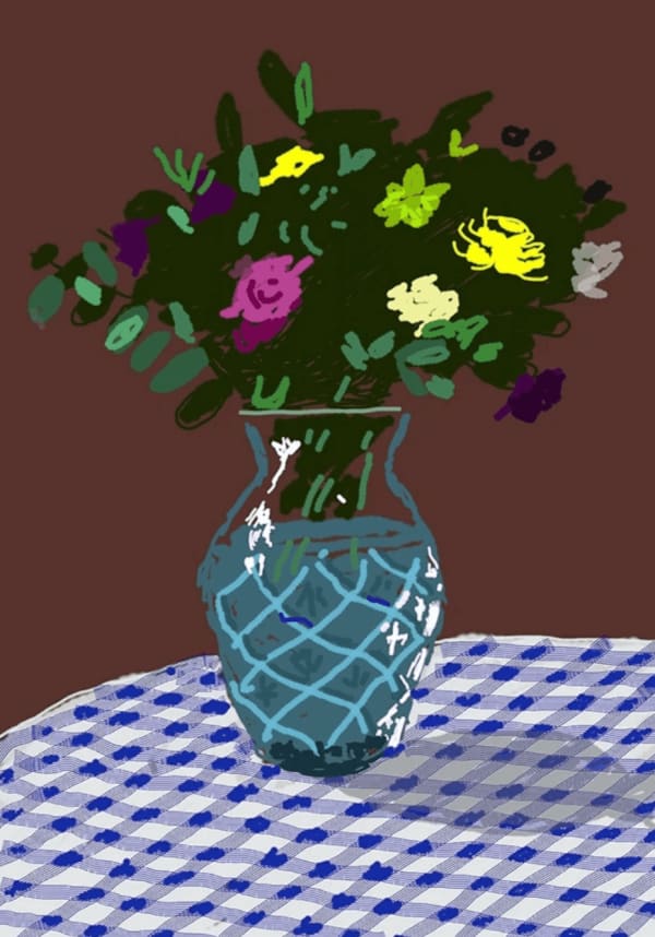 David Hockney, 21st March 2021, Purple and Yellow Flowers in a Vase, 2021