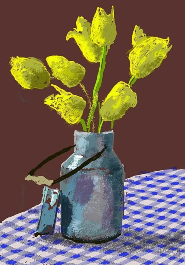David Hockney, 21st April 2021, Yellow Flowers in a Small Milk Churn, 2021