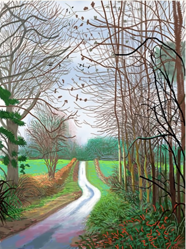 David Hockney The Arrival of Spring in Woldgate, East Yorkshire, 29 December, No.1 2011, 2011 iPad drawing printed on 4 sheets of paper 93 x 70 In Edition of 10