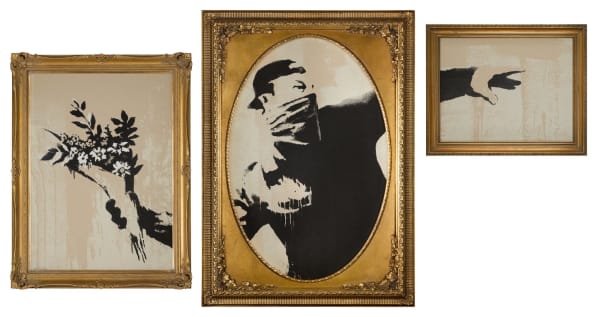 Banksy Flower Thrower, 2019 Triptych, screenprint in colours on 1500 micron board, signed Flower: 74.8 x 55cm; Thrower: 91.8 x 61cm; Hand: 47 x 37.2cm Edition of 300