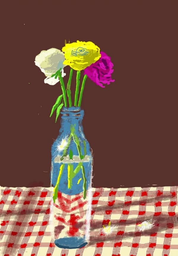David Hockney, 23rd March 2021, Flowers in a Milk Bottle, 2021
