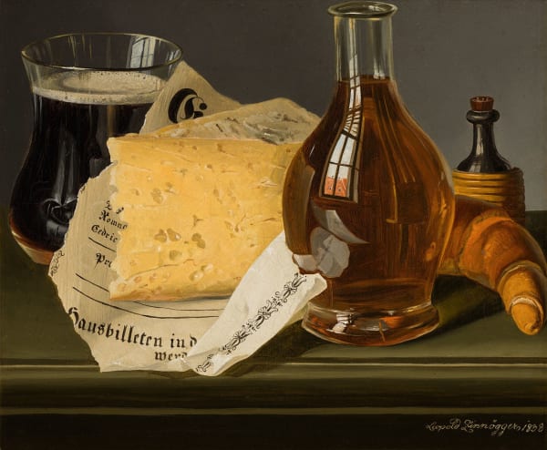Leopold Zinnögger, Stillleben mit Käse, Kipferl und Karaffe, 1838