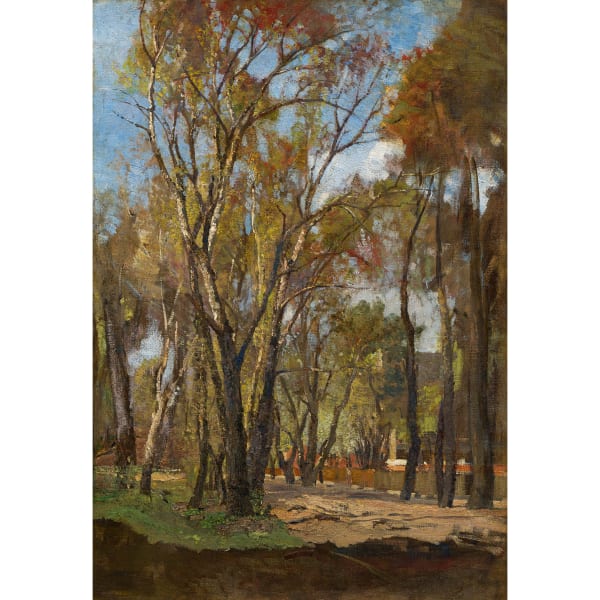 Tina Blau "Lichter Prater (Beim Pavillion des Amateurs)", 1911/1912 Öl auf Leinwand 67 x 47 cm rückseitig Klebeetikett des Wiener Künstlerhauses: "1912 / 1252" sowie Reste eines Klebeetiketts: "2 / Lichter Prater / T[...]" bzw. weiteres Etikett: "No. 45"