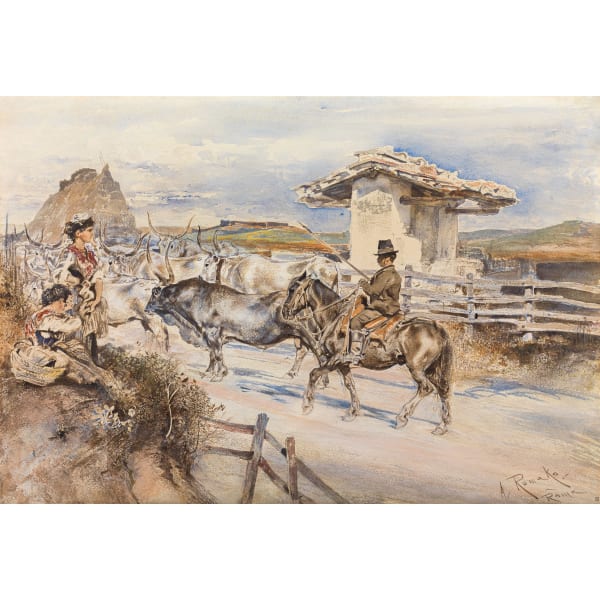 Anton Romako Rinderherde in der Campagna mit berittenem Hirten, um 1873 Aquarell auf Papier 37,4 x 55 cm rechts unten signiert: "A. Romako. Roma."; rechts am äußersten Rand Sammlerstempel "S" (Anton Schmid, Wien)