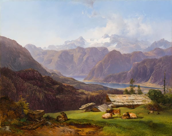 Anton Hansch, Blick von der Hütteneckeralm auf den Hallstättersee und den Dachstein, 1845
