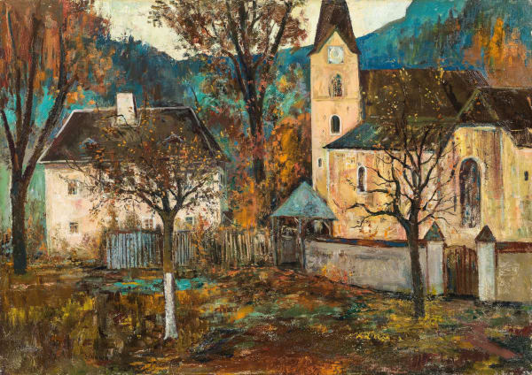 Ernst Huber, „Kirche und Schule in Wagrain im Herbst“, um 1935