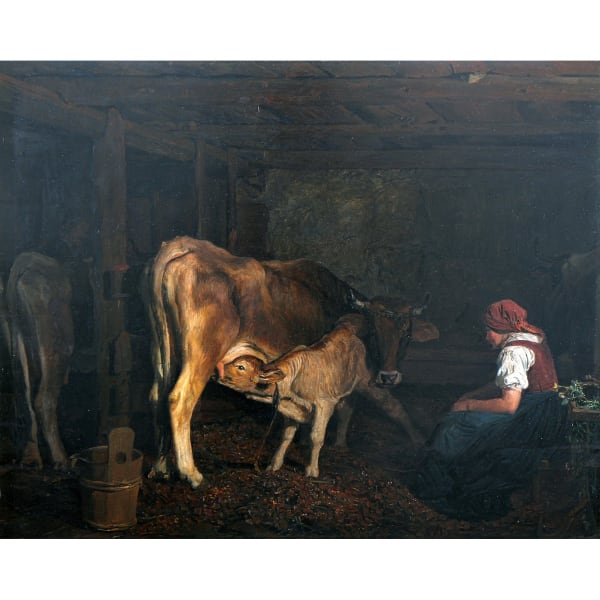 Ferdinand Georg Waldmüller Im Kuhstall, 1855/56 Öl auf Holz 41,3 x 53 cm im Bild Mitte links signiert und datiert: "Waldmüller 18--" [die letzten zwei Ziffern unleserlich]