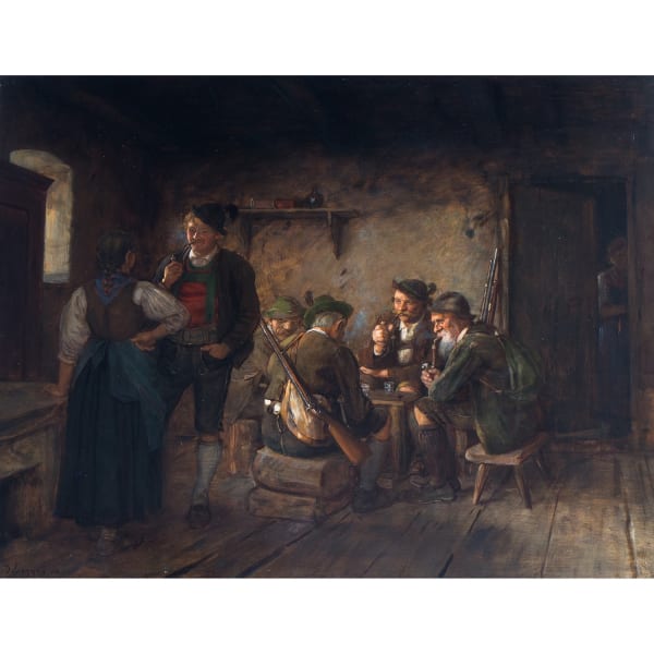 Franz von Defregger Auf der Pirsch, 1906 Öl auf Holz 48,3 x 60,7 cm links unten signiert und datiert: "Defregger (19)06" rückseitig Etikett "Galerie Heinemann, München / 9365"