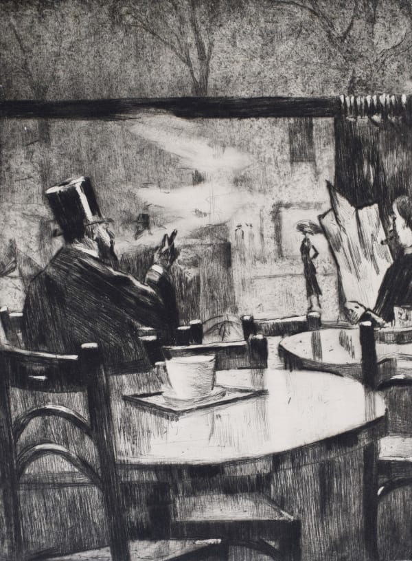 LESSER URY, In the Café. [Man in a Top hat in front of a Coffee House Window - View from Behind] , 1923