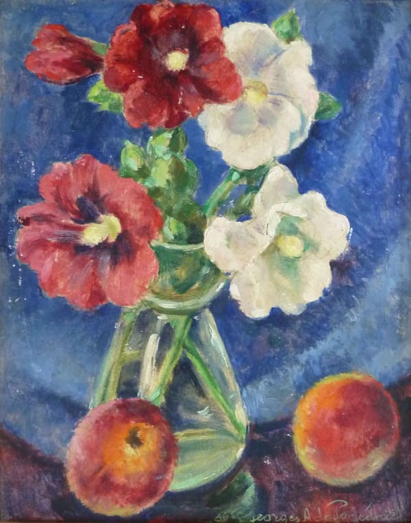 GEORGES DE POGEDAIEFF, Five Hollyhocks and Two Peaches / Cinque Roses Tremières et Deux Pêches, 1966