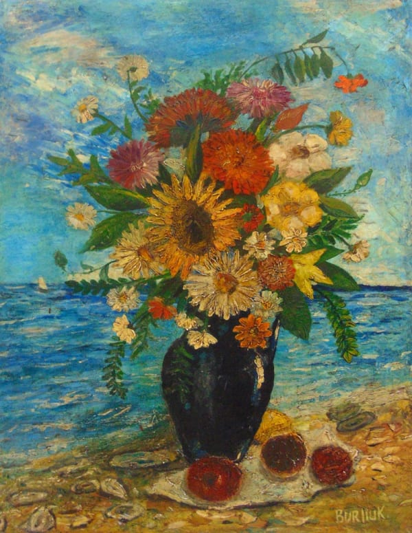 DAVID BURLIUK, Vase of Flowers on the Seashore