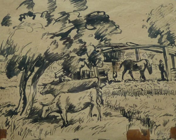 BÉLA KÁDÁR, Cows Grazing and one Horse, 1920