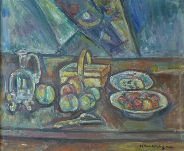 PINCHUS KRÉMÈGNE, Still Life with Basket, Jug and Fruits, circa 1948