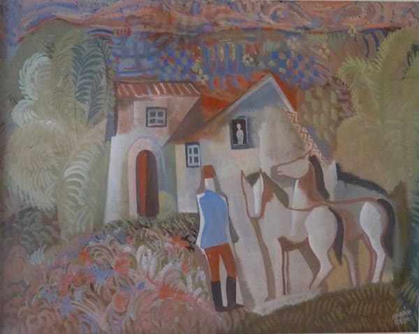 BÉLA KÁDÁR, Rider and Two Horses in front of a House, 1930