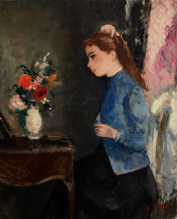 FRANCOIS GALL, Marie-Lize, in front of the Vanity Mirror with Flowers / Marie-Lize Devant la Coiffeuse Fleurie, ca. 1950