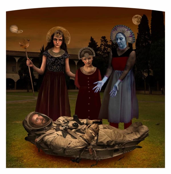 Astronaut being observed by goddess like figures Tom Chambers surreal photography