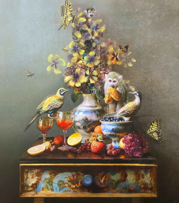 Jason wheatley still life with monkey, yellow birds, flowers and strawberry mimosas available Gilman Contemporary