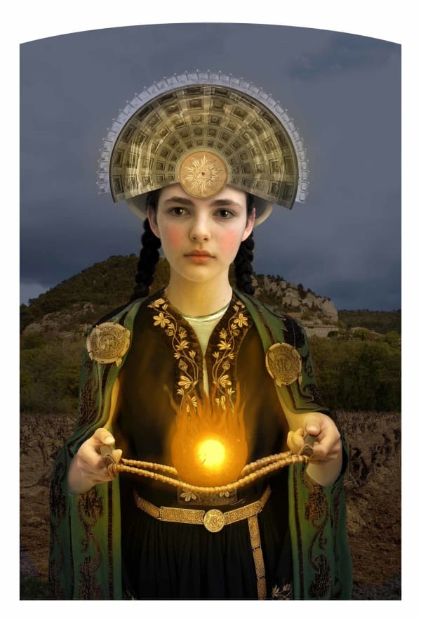 girl in ancient headdress and frock holds fire in her hands buy here Gilman Contemporary Sun Valley art gallery