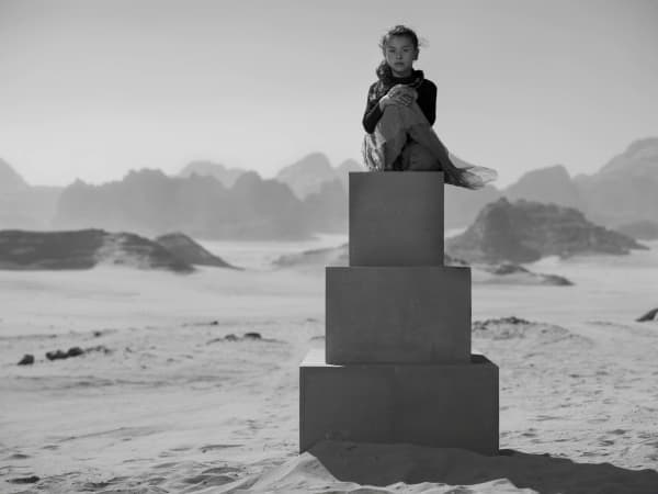 Nick Brandt Black and white photography young girl Syrian Refugees in Jordon Desert available at Gilman Contemporary