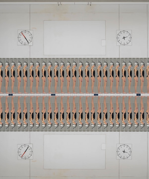 Maria Svarbova photograph of swimmers in black swimsuits with snorkels gray background gilman contemporary