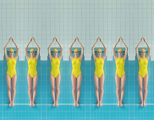 women in yellow swimsuits Swimming pool series Slovakian Photographer Maria Svarbova buy original prints here Gilman Contemporary Sun Valley art gallery