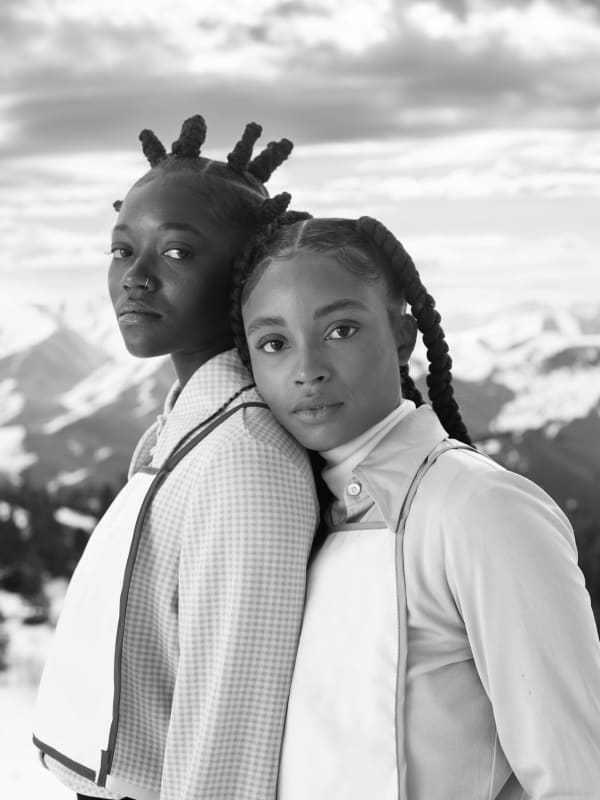 Sofia Jaramillo black and white archival pigment print of two women mountainside located at gilman contemporary sun valley