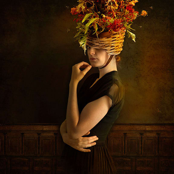 Tom Chambers Archival pigment print of a woman with flowers in basket on her head