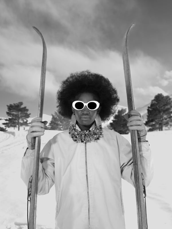 Sofia Jaramillo black and white archival pigment print Judith Kasiama of black skier wearing white sunglasses at gilman contemporary sun valley