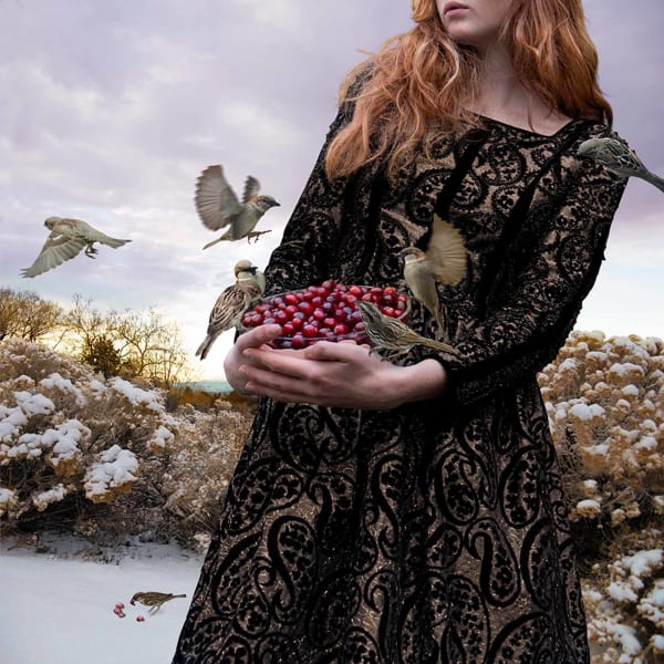 Young woman in gothic dress feeding birds cranberry Tom Chambers photomontage purchase here Gilman Contemporary Sun Valley art gallery