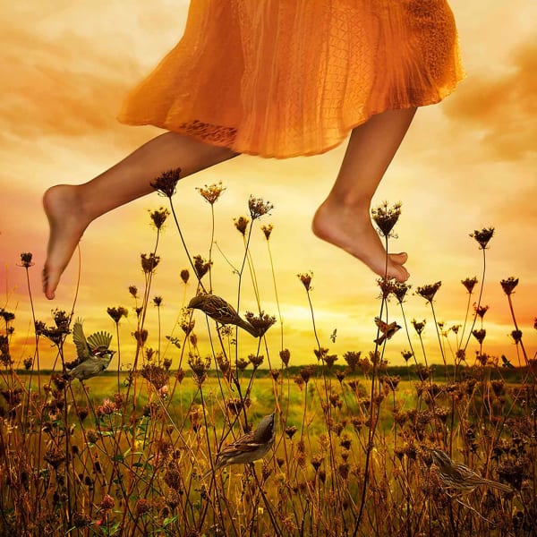 Tom Chambers photography Marsh flight woman running through vibrant field buy here Gilman Contemporary Sun Valley art galley ID
