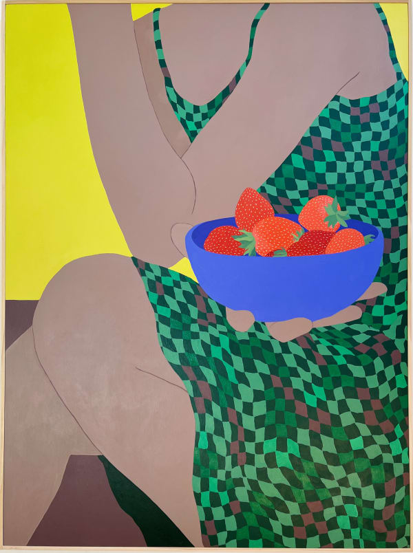 a woman holding a bowl of strawberries on a yellow background