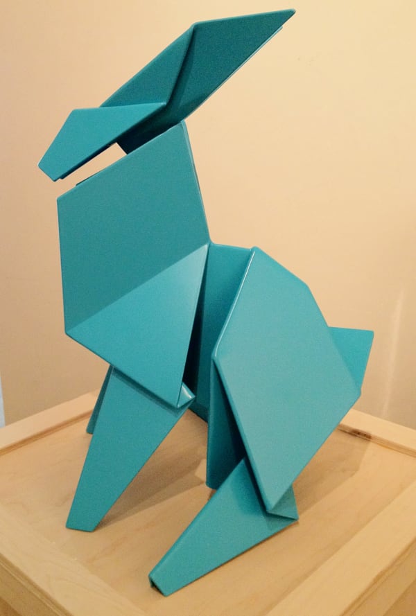 tabletop sculpture of still rabbit in blue by Hacer