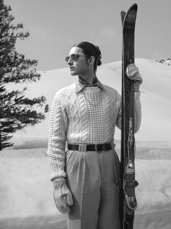 Sofia Jaramillo black and white archival pigment print Iván Jiménez holding skis located at gilman contemporary sun valley