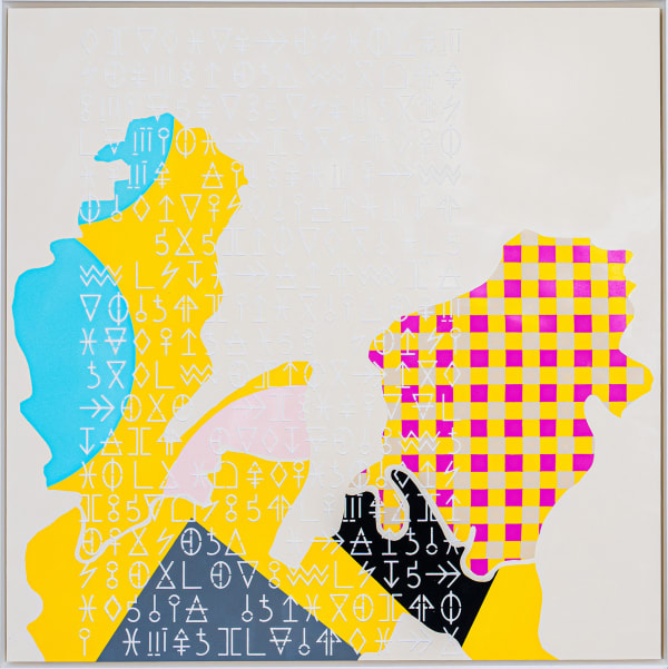 colorful shapes with an overlay of a hieroglyphics