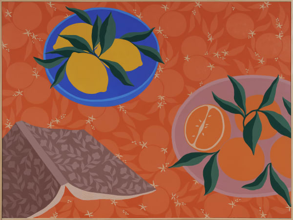 Carmen McNall wood carving painting with fruit and opened book