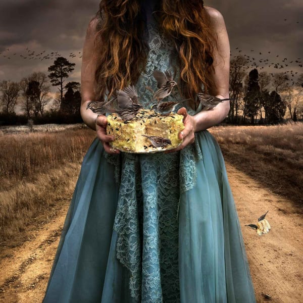 Tom Chambers Saccharine perch girl with a cake in field buy prints here Gilman Contemporary Sun Valley art gallery idaho