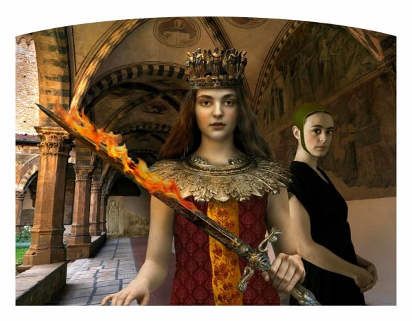 young woman in crown holds flaming sword photograph by Tom Chambers purchase original artwork here Gilman Contemporary Sun Valley art gallery