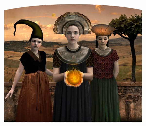 surreal photograph three young women in headdress with one holding fire in her hands purchase original art here Sun Valley contemporary art Gilman gallery