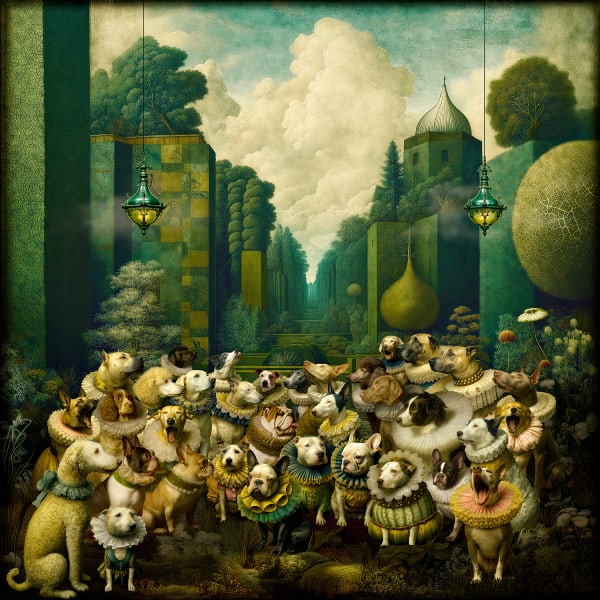 Maggie Taylor surrealist photography dogs dressed up near hedges at Gilman contemporary