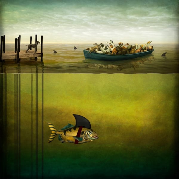 Maggie Taylor surrealist photography boat with dogs fish with shark fin view at gilman contemporary