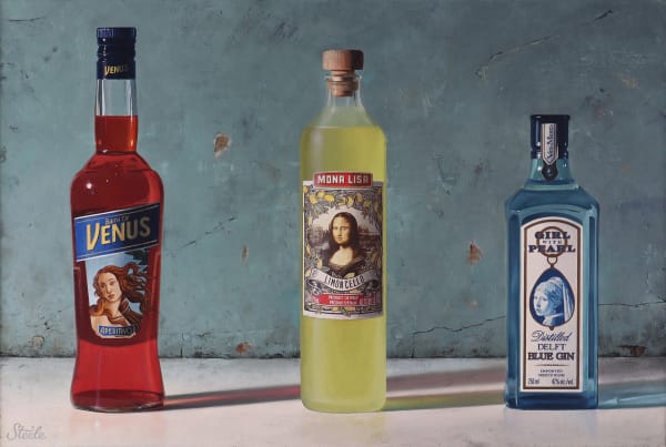 Oil painting Ben Steele liquor bottles with art icon faces view at Gilman Contemporary