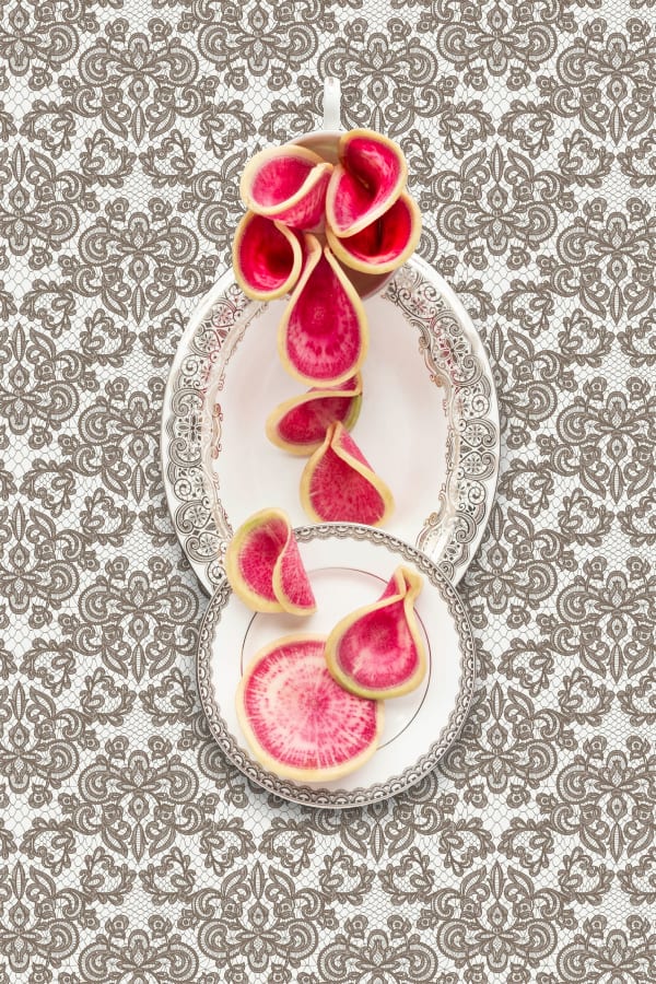 watermelon radish slices designed on waterford lismore lace plates