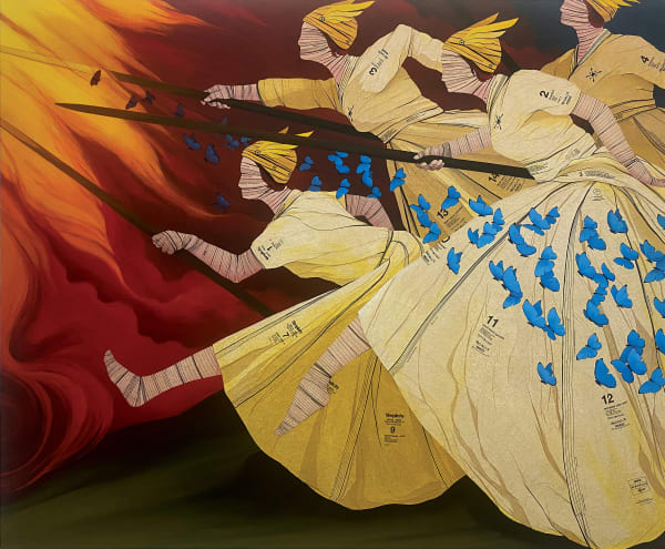 four viking style women with spear lunge from the right side of the canvas towards something off canvas to the left