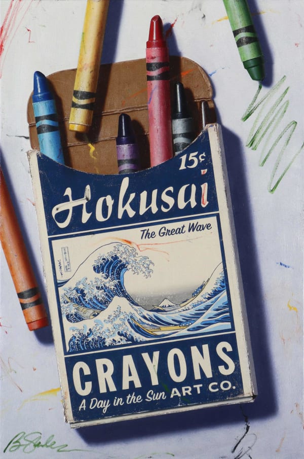 ben steele oil painting of crayons hokusai label Gilman Contemporary