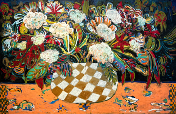 Thai Mainhard Diptych expressionistic flowers in vase painting purchase at gilman contemporary