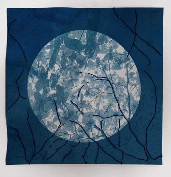 Dora Somosi Hand printed cyanotype with embroidery image of moon and tree branches
