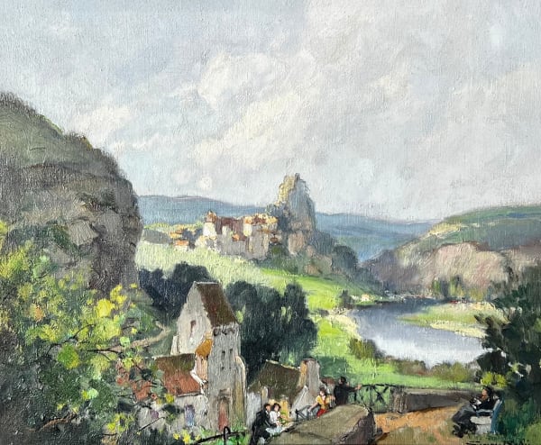 Georges Charles Robin French, (1903-2002)Vallée du l'Aveyron à Penne - Ruines du Château d'Adelaide de Penne Signed 'Georges Robin' (lower right) Salon label on stretcher 'M. Rabouin' transport label attached to stretcher Oil on Canvas 38 x 46 cms / 15 x 18 inches
