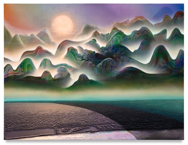 Apricot Blossom Spring Villa (Hangzhou), 2024 Financial Times newspaper, archival inkjet, acrylic, and sand on linen 150 x 200 x 5 cm 59 x 78 1/2 x 2 in