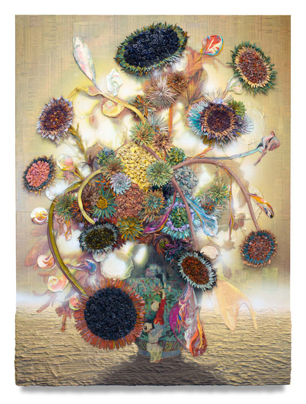 Timeless Sands, 2022 Financial newspaper, archival inkjet, acrylic and sand on paper 135 x 100 x 5 cm 53 1/2 x 39 1/2 x 2 in